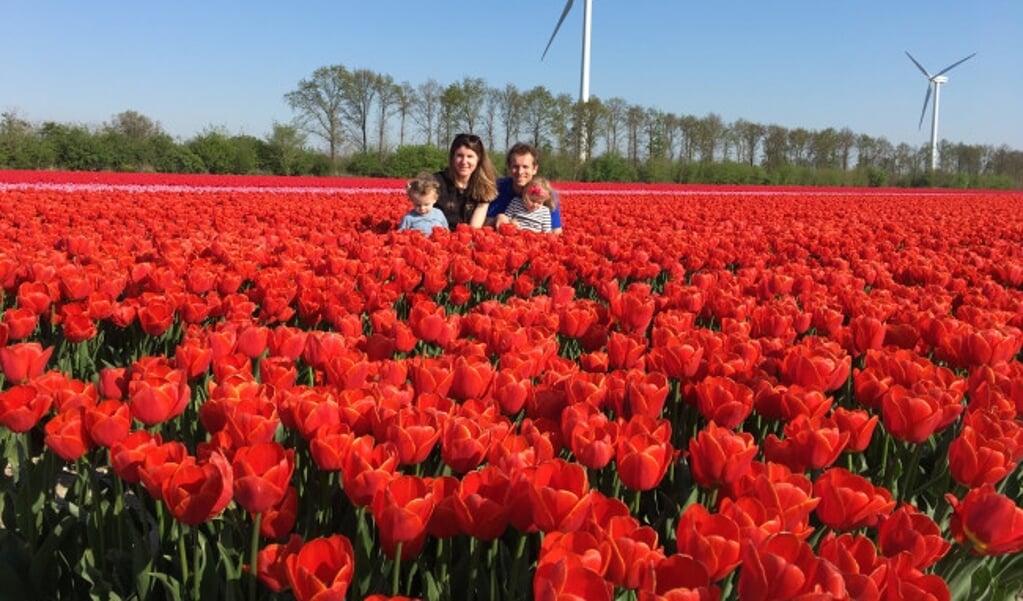  Benoit met zijn gezin in de tulpen bij Swifterbant.