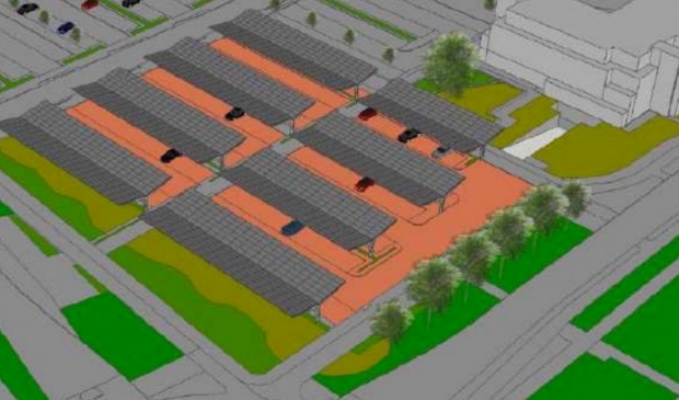 Schets van de zonnepanelen boven de parkeerplaats.