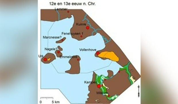 Reconstructie van het Noordoostpoldergebied omstreeks de 12e en 13e eeuw n. Chr.