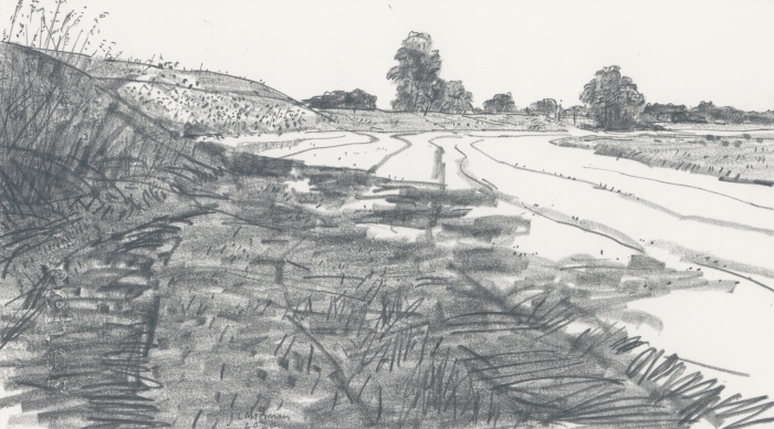 Grafiettekening op papier. Titel: Langs de IJssel (tussen De Zande en Zalk), 2020
