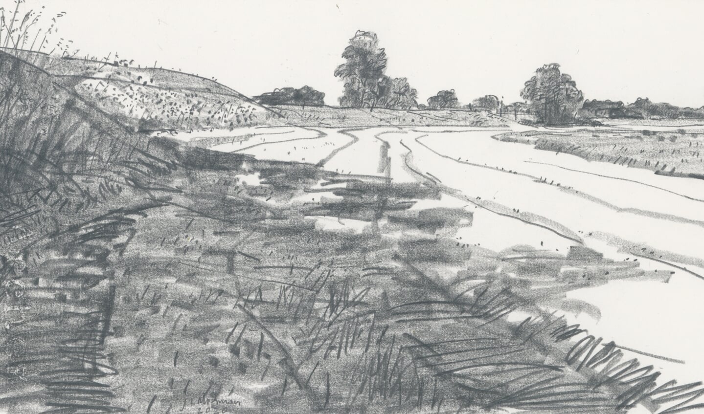 Grafiettekening op papier. Titel: Langs de IJssel (tussen De Zande en Zalk), 2020