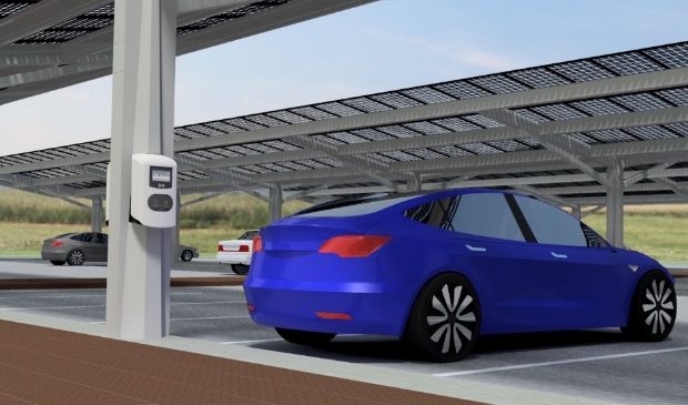 Impressie van parkeerplaats met zonnepanelen.