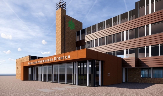 De hoofdingang van het nieuwe gemeentehuis.