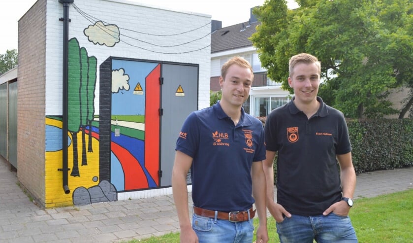  Thomas Flipsen (li.) en Evert Hofman bij het beschilderde transformatorhuisje in Dronten-noord.