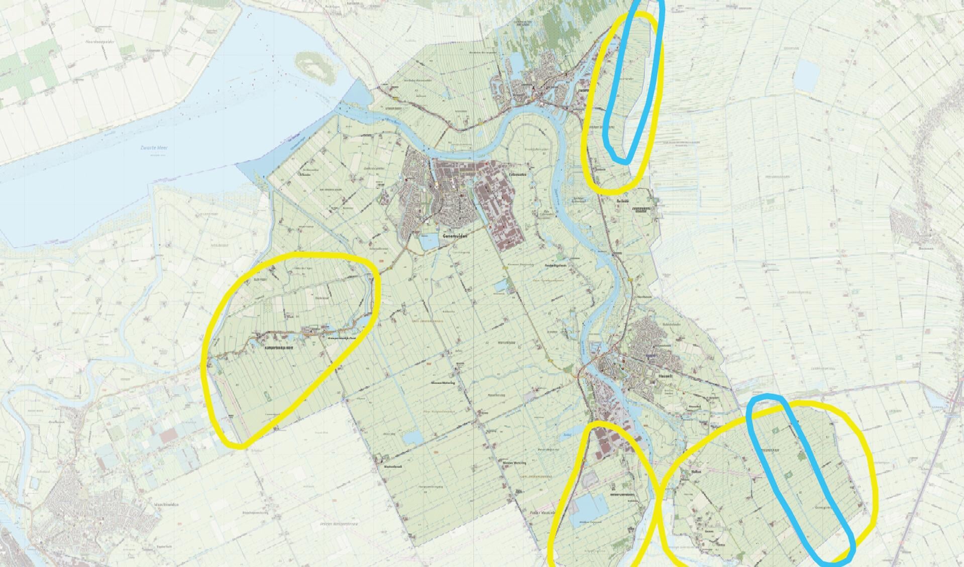 Eerder aangewezen zoekgebieden. (Blauw = windmolens, geel = zonnepanelen).