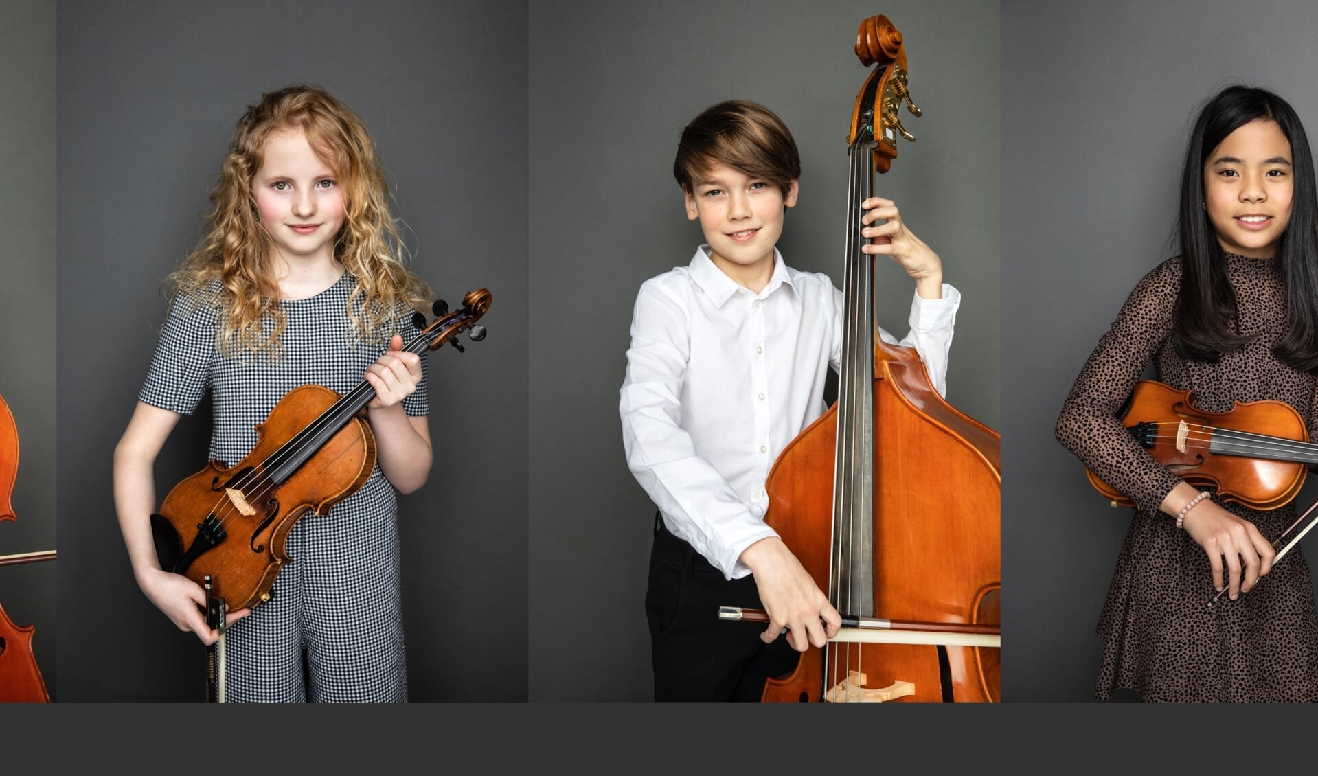 Orkestleden van het Britten, Luuk, Luna, Noek en Nica poseren voor de campagne 'Welk instrument kies jij?'