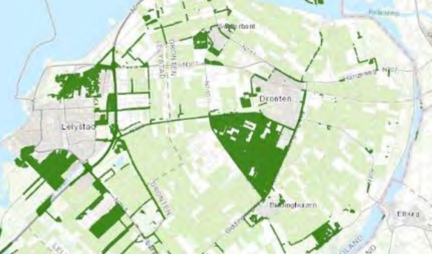 In het donkergroen de zoekgebieden voor nieuw bos.