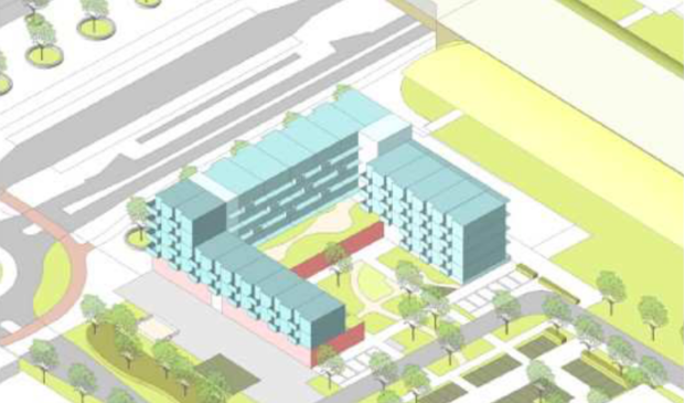 <p>Schets van het ontwerp met linksboven het stationsplein en rechtsboven het station.</p>