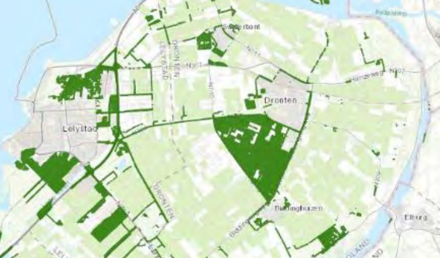 In het donkergroen de zoekgebieden voor nieuw bos.