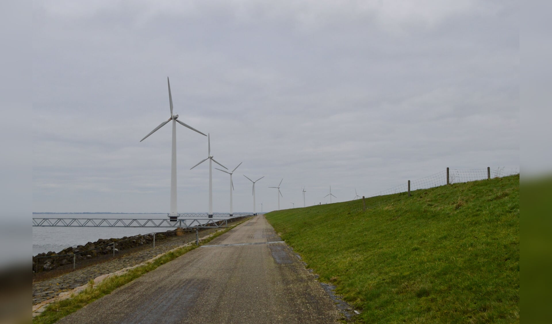 De huidige windmolens langs de IJsselmeerdijk.