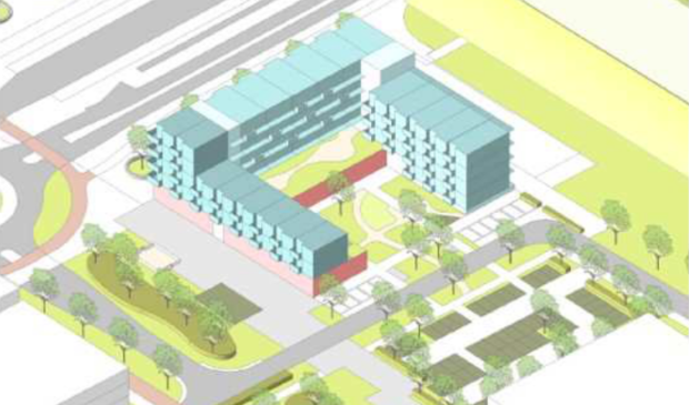<p>Schets van het ontwerp van de praktijkschool met linksboven het stationsplein en rechtsboven het station.</p>