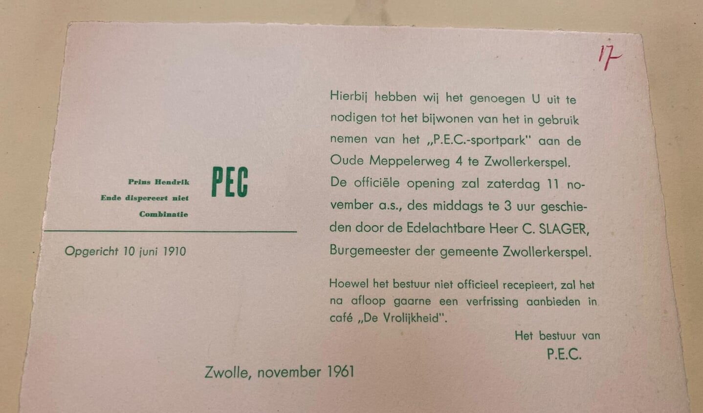 Uitnodiging van het P.E.C.-bestuur uit 1961