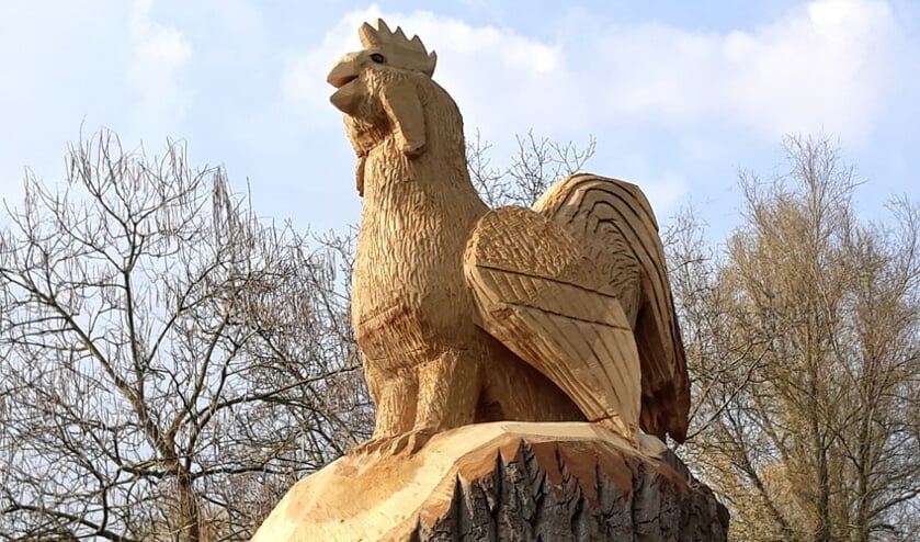 De nieuwe houten haansculptuur in het Kamper Stadspark