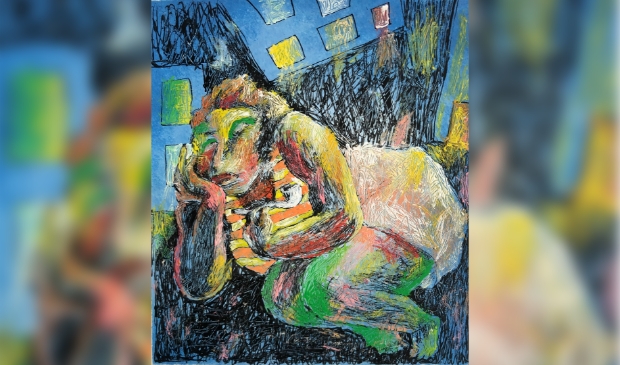 Slapende vrouw, gemengde techniek, ong. 15 x 15 cm, jaren '90