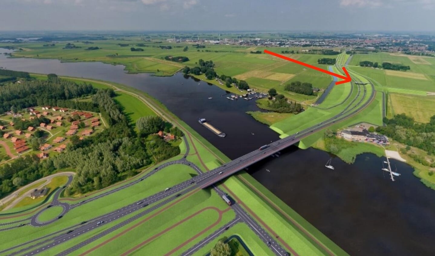 De situatie eind 2023. Vanwege de bouw van het viaduct bij de rode pijl - over de huidige Flevoweg heen - komt er nu rechts van de huidige weg een bypass.