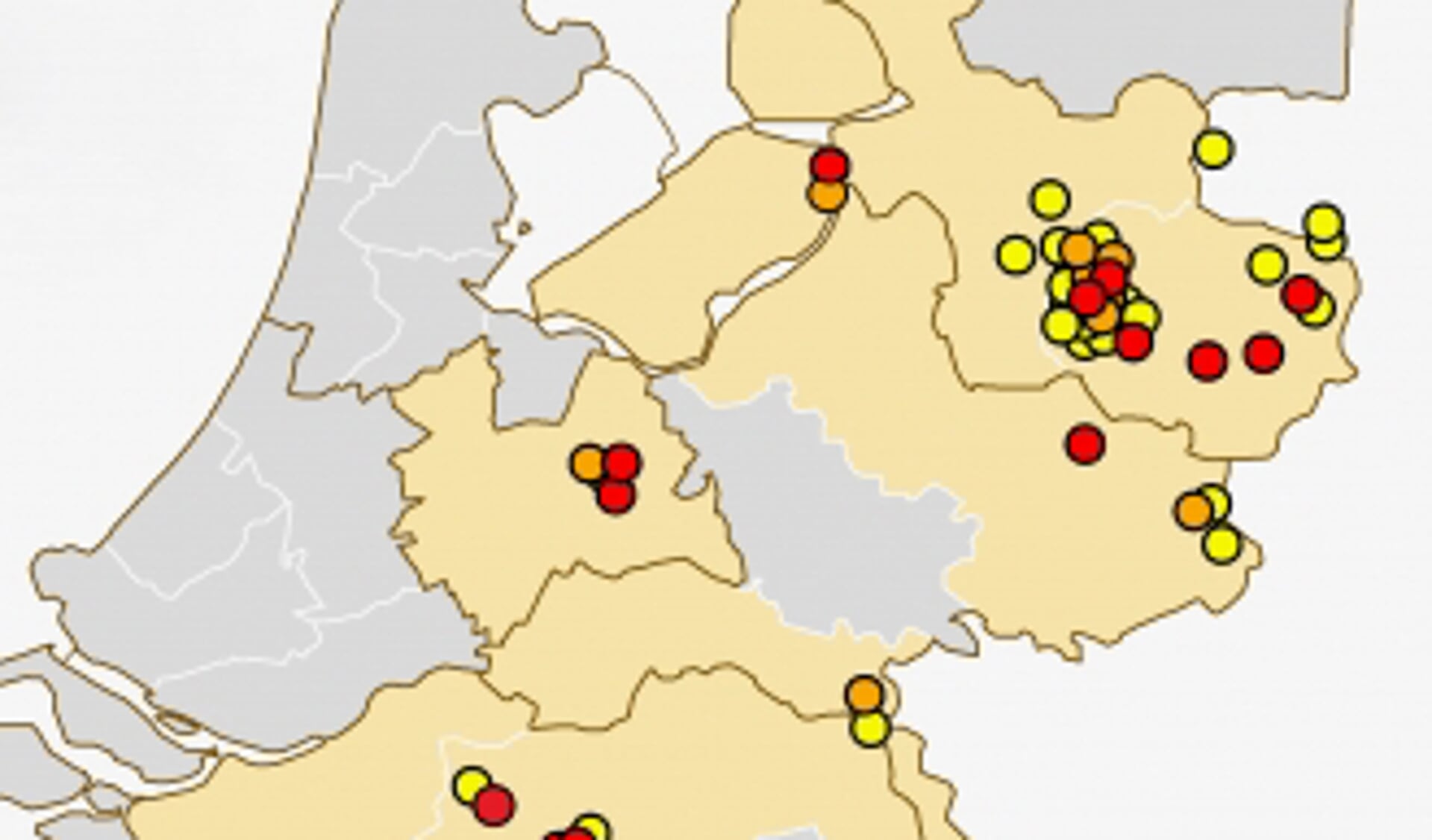 De rode punten geven aan waar een patiënt TBE heeft opgelopen. De oranje punten zijn locaties waar het TBE-virus is aangetoond in wild of teken of kleine knaagdieren. De gele punt laten zien waar antistoffen tegen TBE is aangetoond in wild.