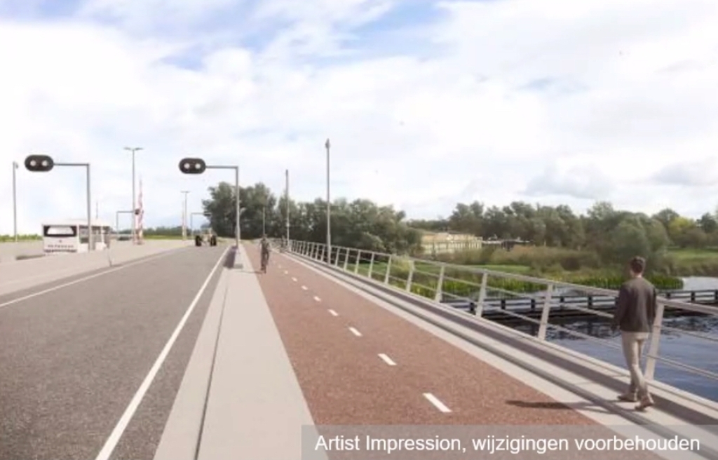 Het wegdek van de nieuwe brug met rechts het fietspad, links de parallelweg en uiterst links de N307. 