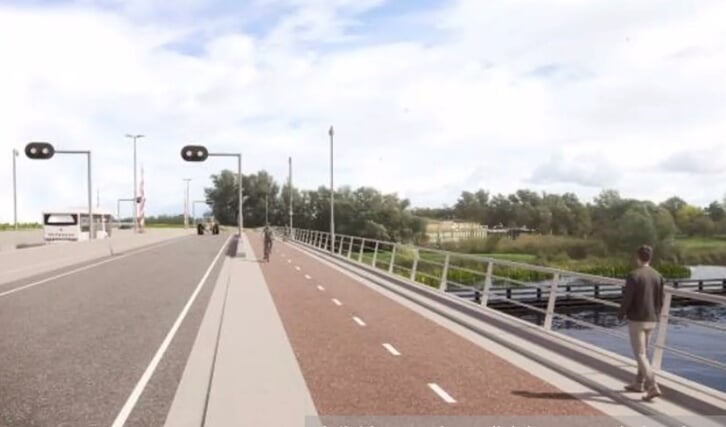 Het wegdek van de nieuwe brug met rechts het fietspad, links de parallelweg en uiterst links de N307.
