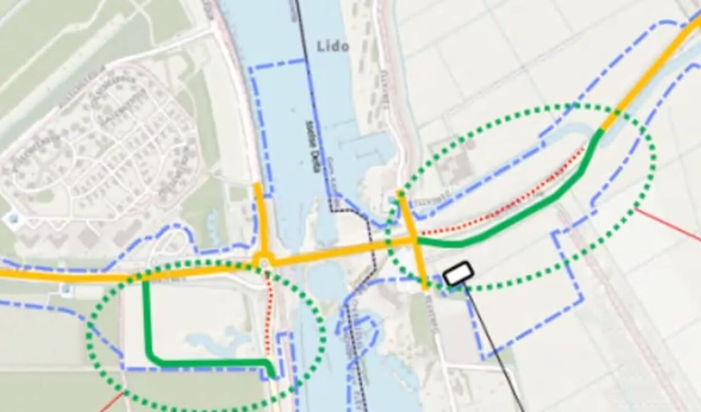 In het groen de twee tijdelijke wegen tijdens de bouw van de brug. Links de bypass tussen de Hanzeweg en de Drontermeerweg. Rechts de bypass ten behoeve van de bouw van een viaduct over de Flevoweg.