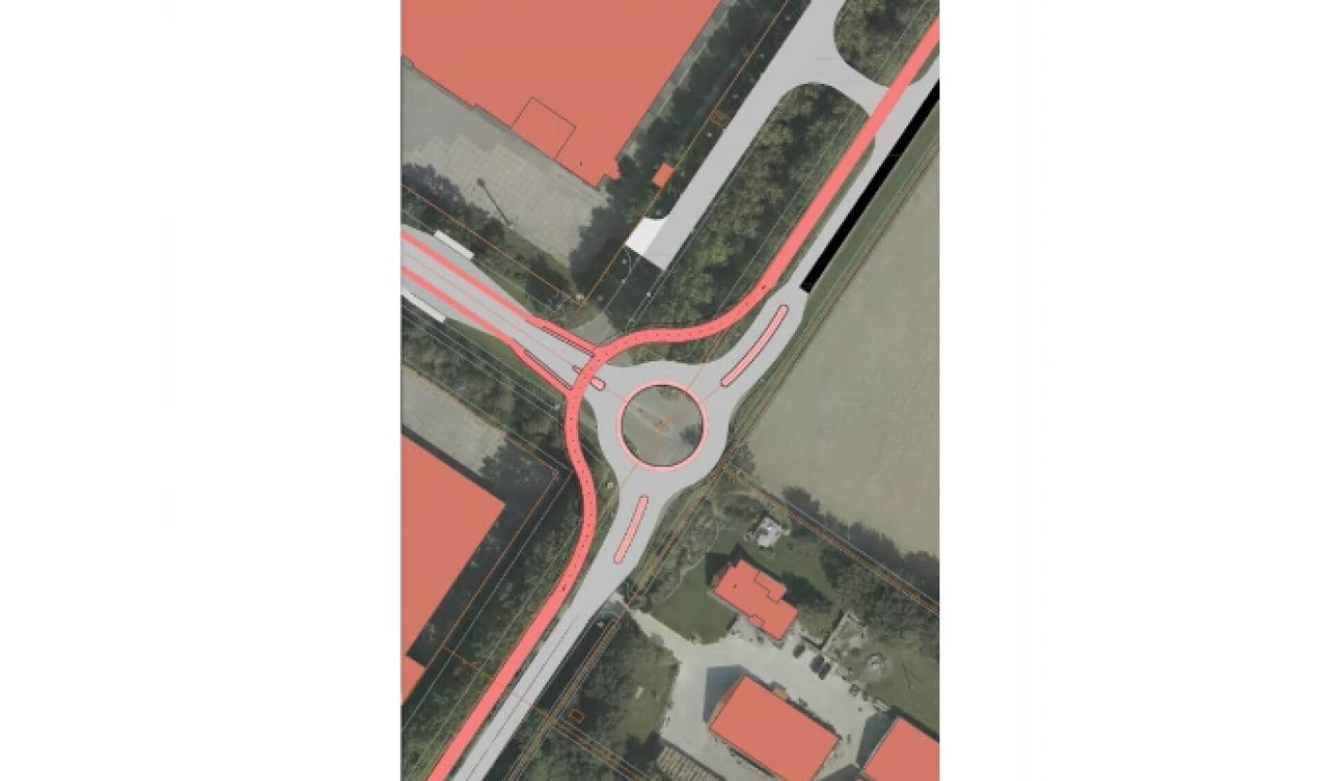 De rotonde-optie met in het rood het fietspad langs de Biddingweg en de fietsstroken langs de Industrieweg.