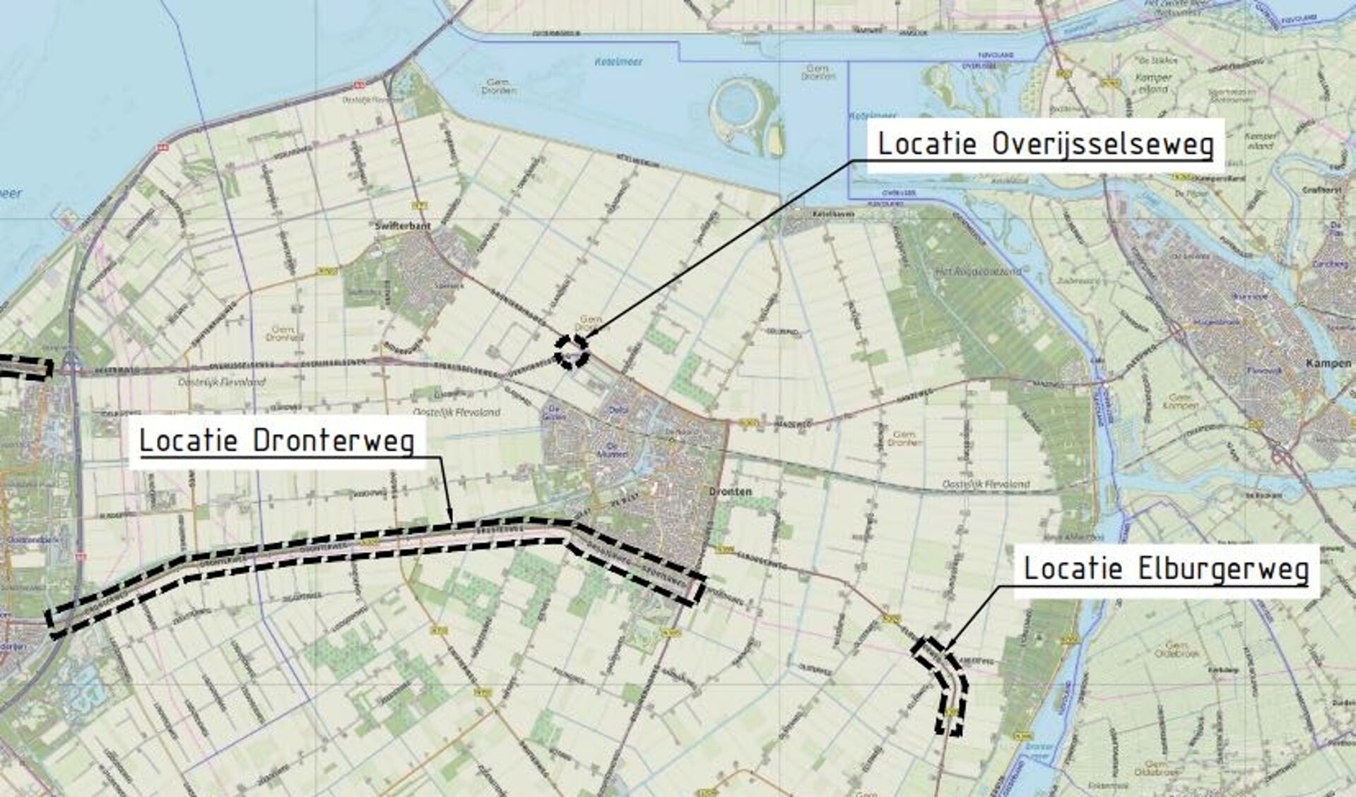 De drie locaties in de gemeente Dronten.