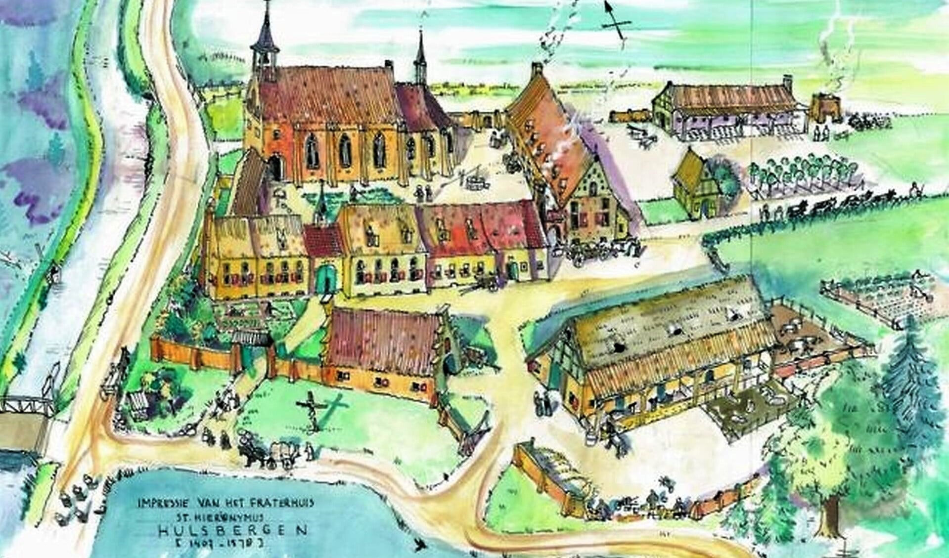 Illustratie: een impressie van het klooster Hulsbergen getekend door Bernard Bos uit Heerde. 