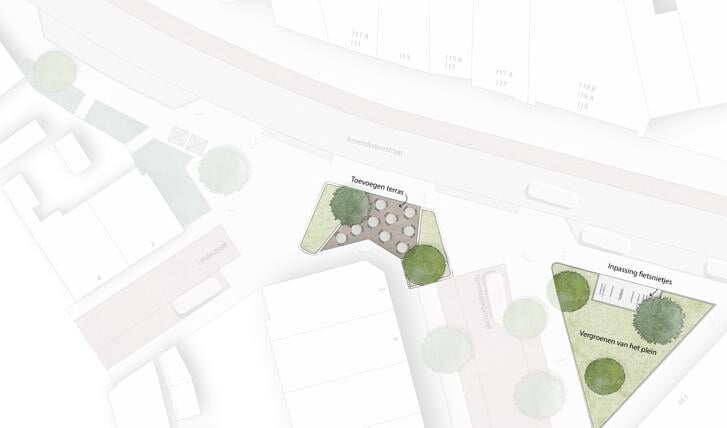 Een beeld van het nieuwe terras en de fietsnietjes op het grotere plein. 