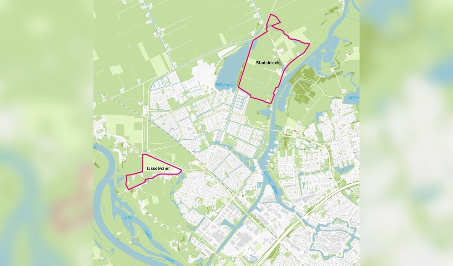 Locatiekaart waar de gebieden Stadsbroek en IJsselvizier op zijn aangegeven. Stadsbroek ligt boven de wijk Stadshagen. IJsselvizier ligt onder de wijk Stadshagen.