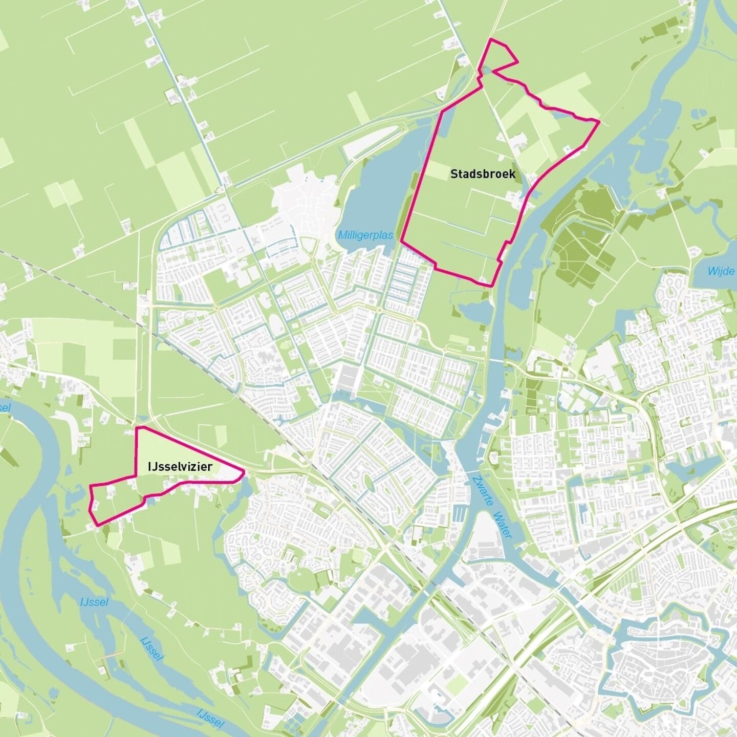 Locatiekaart waar de gebieden Stadsbroek en IJsselvizier op zijn aangegeven. Stadsbroek ligt boven de wijk Stadshagen. IJsselvizier ligt onder de wijk Stadshagen.