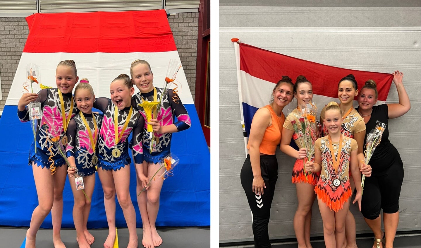 Foto links: kwartet Elodi, Liz, Isa en Lana Nederlands kampioen | Foto rechts: trio Kiki, Julisa en Evi bronzen medaille