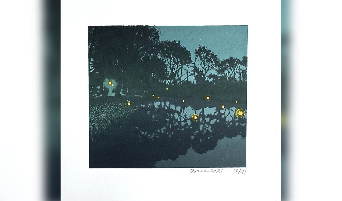 Inez Koning, Lichtjes op water, zeefdruk, 2021