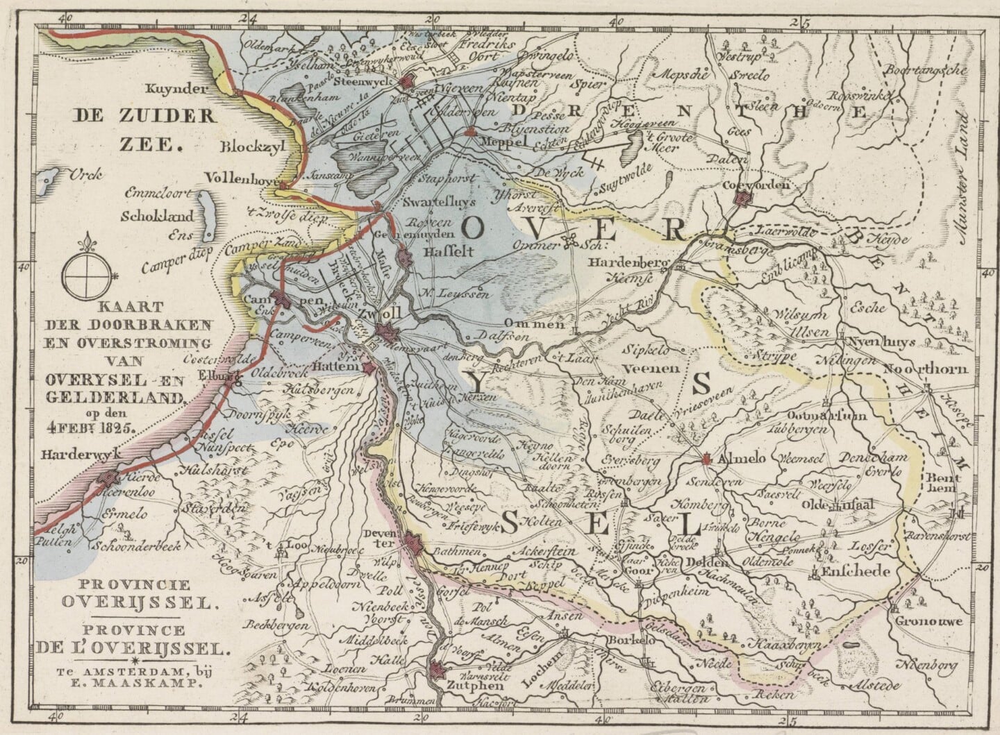 Kaart van de gebieden in Overijssel en Gelderland getroffen door de overstromingen in 1825