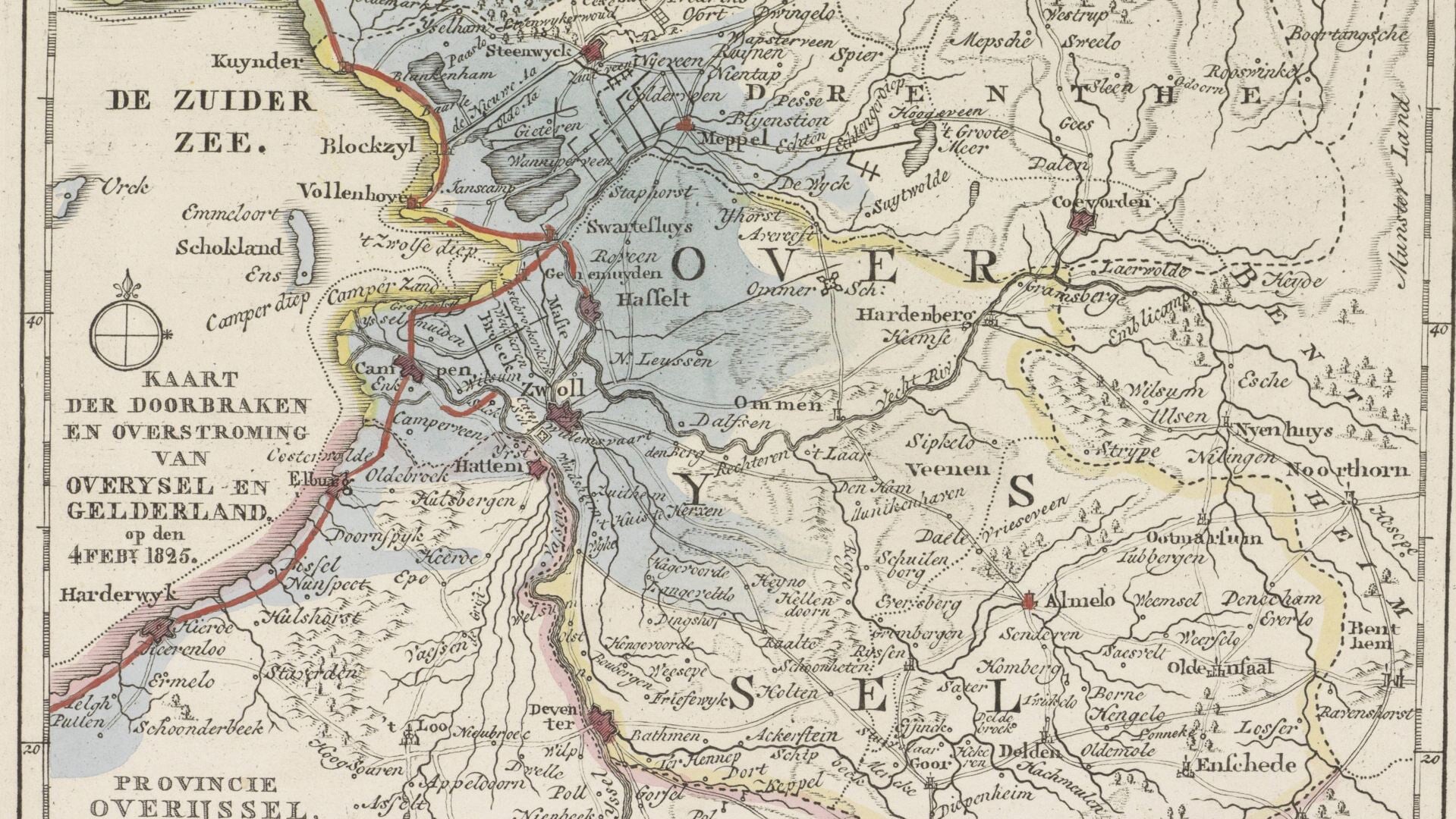 Kaart van de gebieden in Overijssel en Gelderland getroffen door de overstromingen in 1825. 