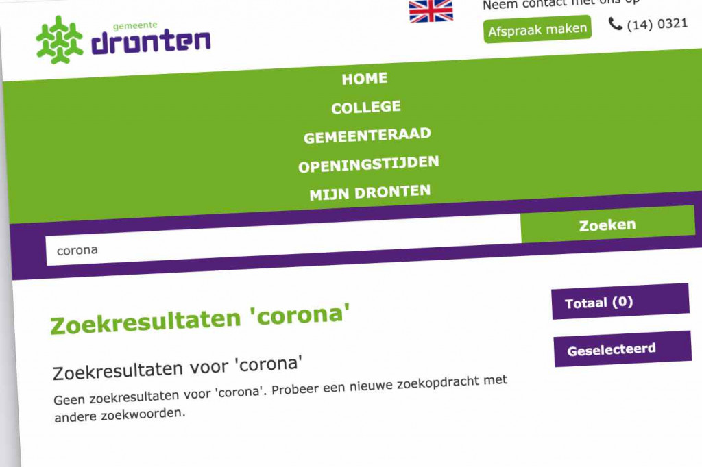 Zoek op de site van provincie en gemeente naar ‘corona’ en je krijgt: „0 gevonden resultaten”