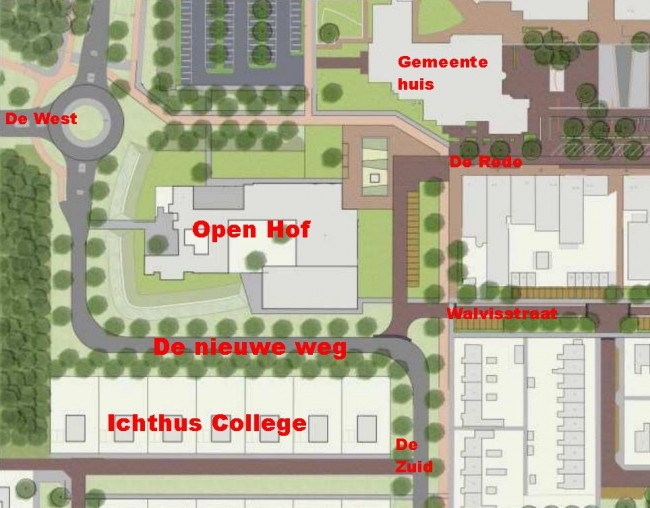 De voorgestelde nieuwe verkeerssituatie rond de Open Hof.