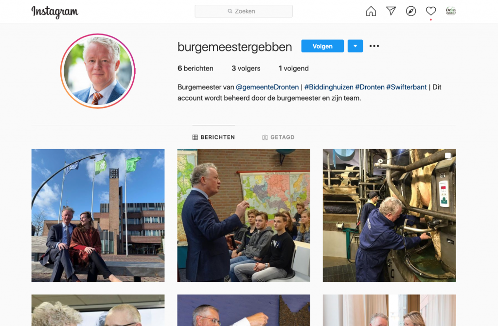 Burgemeester Gebben gaat wekelijks iets plaatsen op Instagram