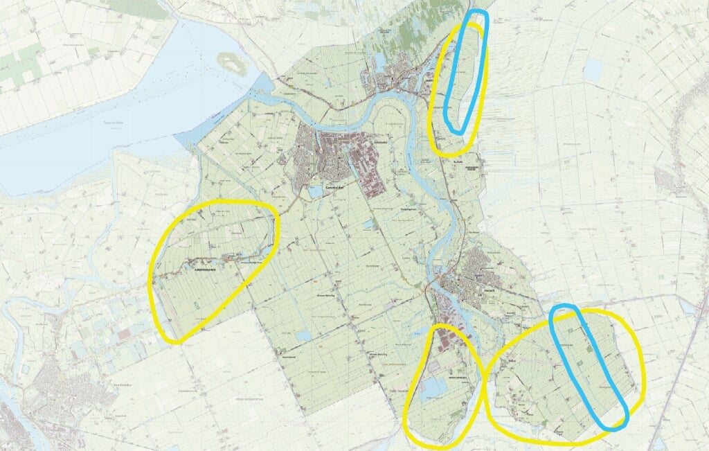 Zoekgebieden van de gemeente. Blauw = windmolens, geel = zonnepanelen.