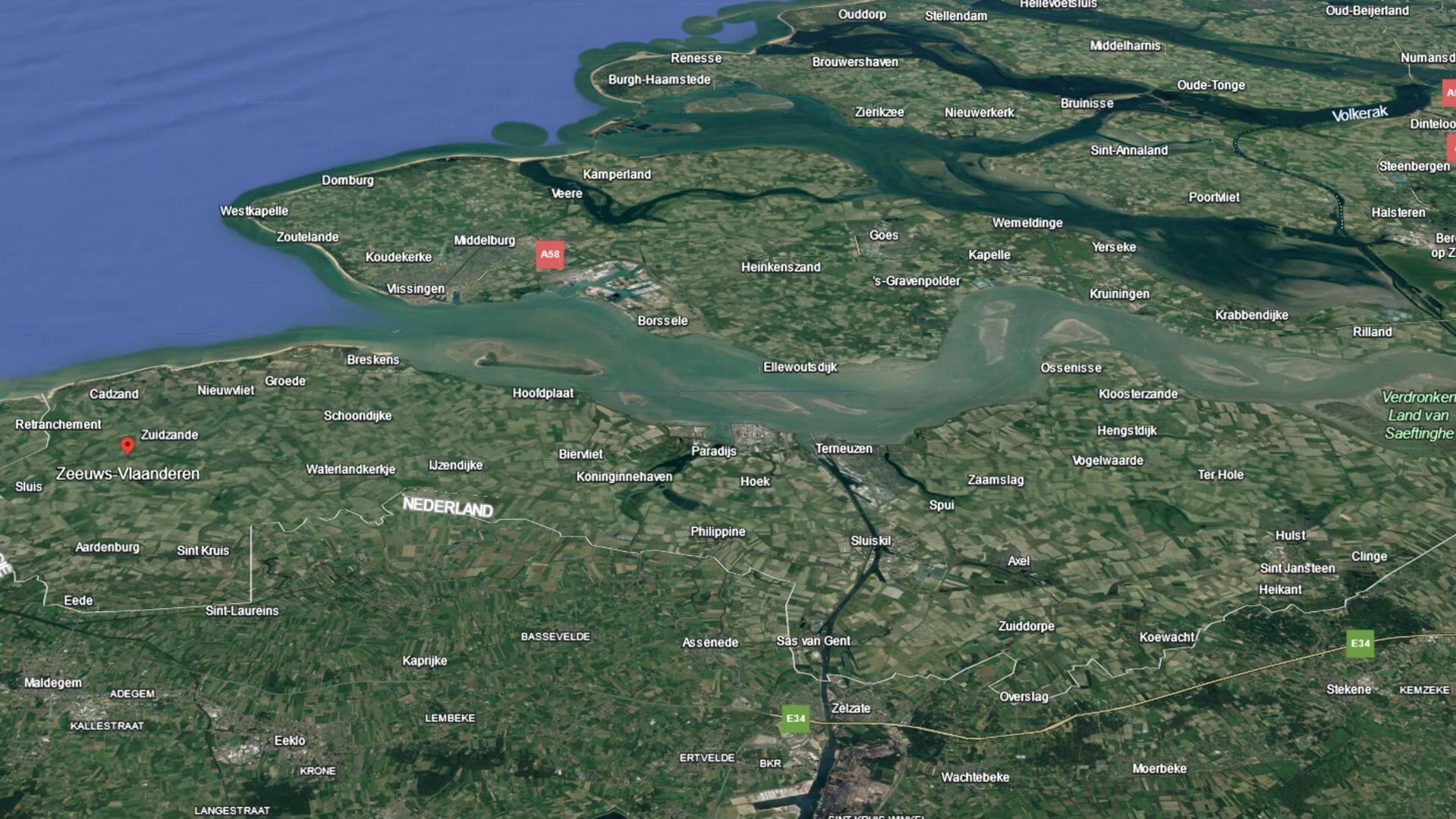 Zeeuws Vlaanderen is een gebied dat rijk is aan geschiedenis en cultuur. (Foto: Google Earth)