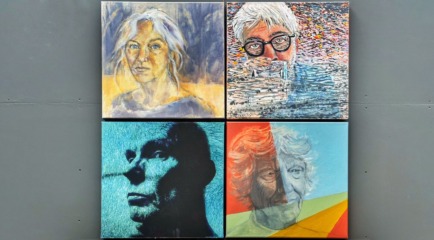 Zelfportretten van Margriet, Leen, Johan en Jorien. In Het warenhuis vindt u hun portretten in beton gegoten door Johan Klein.