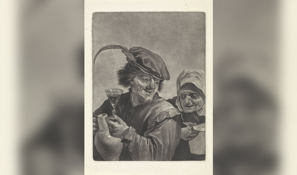 •	Prent: Man met kan en wijnglas, Jan van den Bruggen, 1659-1740.