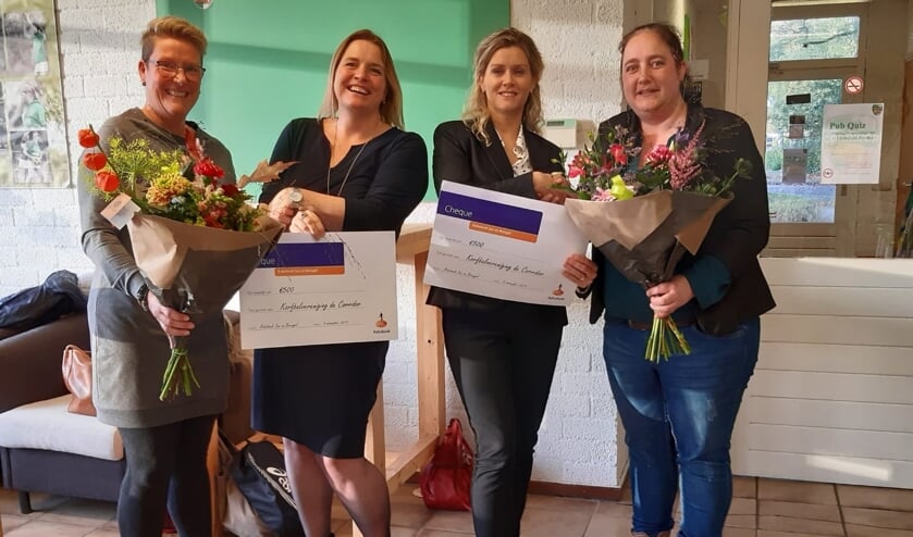 Rabobankmedewerkers Sandra Gilsing en Nienke Visser overhandigen twee cheques aan korfbalvereniging De Corridor | Fotonummer: e9c8fc