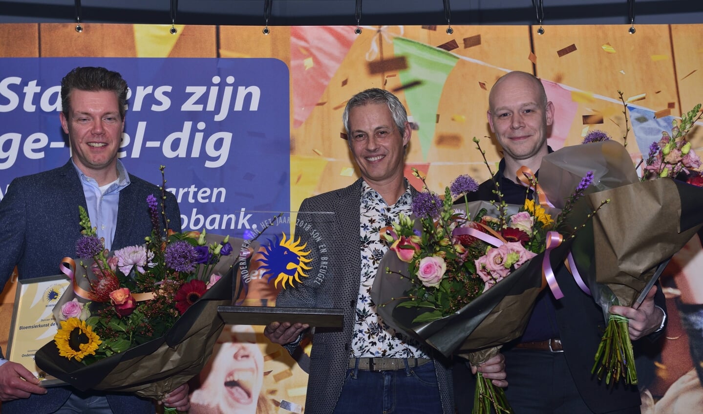 Ondenemersverkiezing 2018, Duncan Wijers (l), winnaar Koen Sol (m) en Erik van den Berg (r)