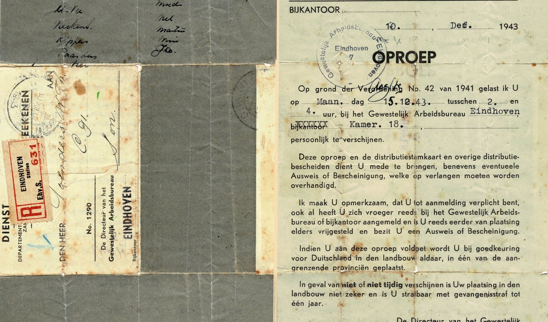 Oproep tewerkstelling 1943 (links: adreszijde, rechts: tekstzijde)