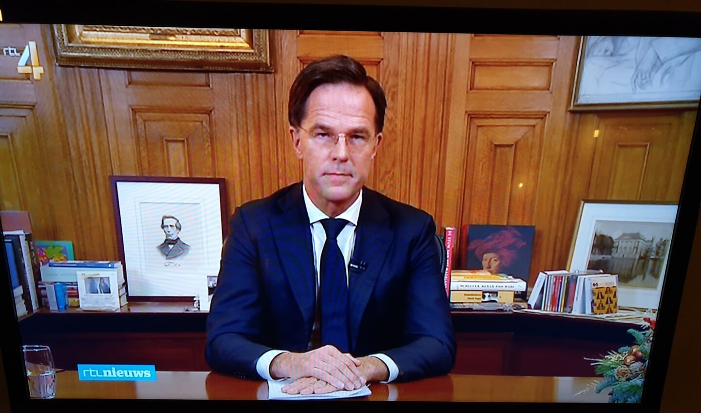 Screenshot minister-president Rutte tijdens toespraak op maandag 14 december. Hopelijk komt de minister in 2021 met beter nieuws (foto ter illustratie)