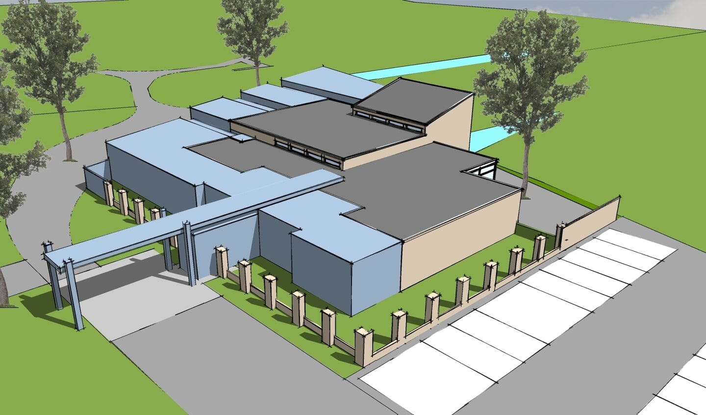 Artist Impression nieuwe accommodatie Wolfswinkel met in het blauw de uitbreiding voor het crematorium