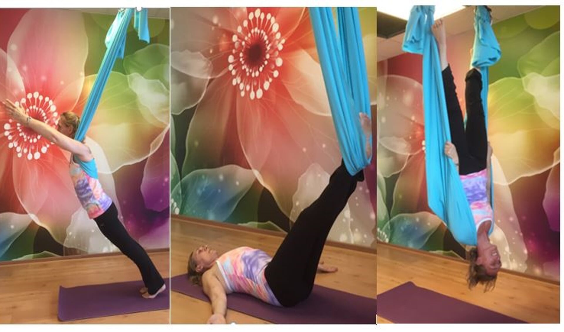 Bij Aerial yoga maak je gebruik van een elastisch doek, Chantal geeft een demonstratie. Foto: Vsk