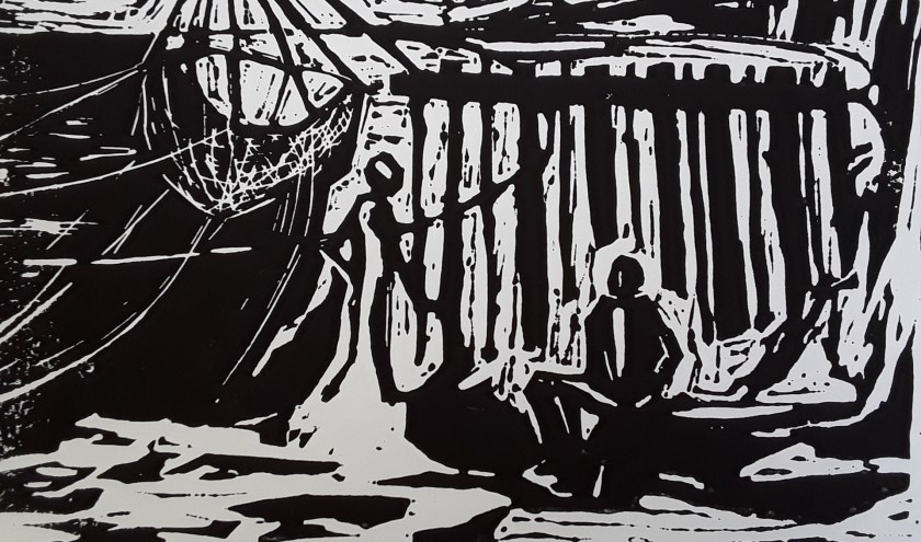 Marja Verschoors Bretagne (linoleumsnede), van 26 oktober tot en met 17 november in het echt te zien tijdens de manifestatie "Grafiek2019" bij de Voorschotense Kunstkring op de zolders van het Ambachts- en Baljuwhuis (Foto: VKK)