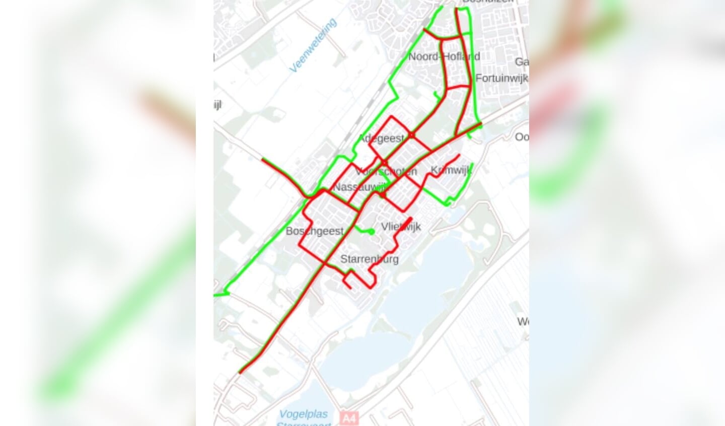 Strooiroutes: in het rood: de hoofdroutes, in het groen: de fietsroutes