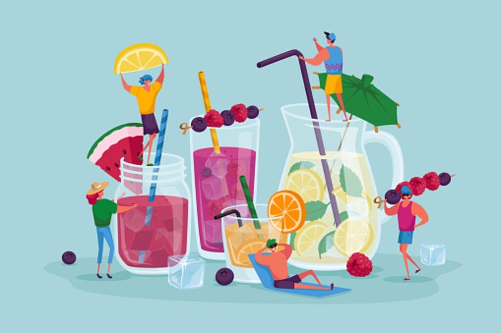 People Drinking Cold Drinks. Tiny Male and Female Characters Choose Different Beverages in Summer Time. Huge Glass Cups with Straw, Fruits, Ice Cubes in Juice Water. Cartoon Vector Illustration