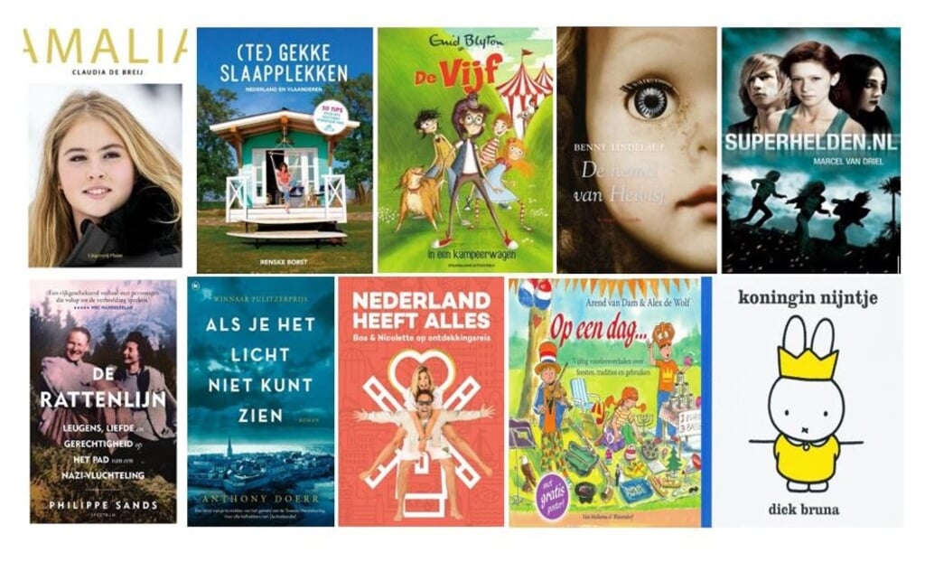 De Boekentoptien van de Bibliotheek Voorschoten, 10 boeken voor een heerlijke meivakantie! Meer info: www.obvw.nl.   